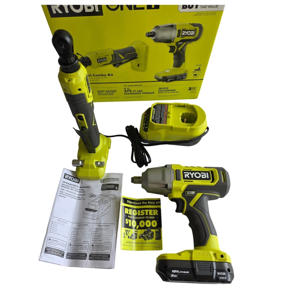 Ryobi ONE+ 18V 2-Tool Combo Kit 1/2 Impact Wrench 3/8 Ratchet PCL1215K1